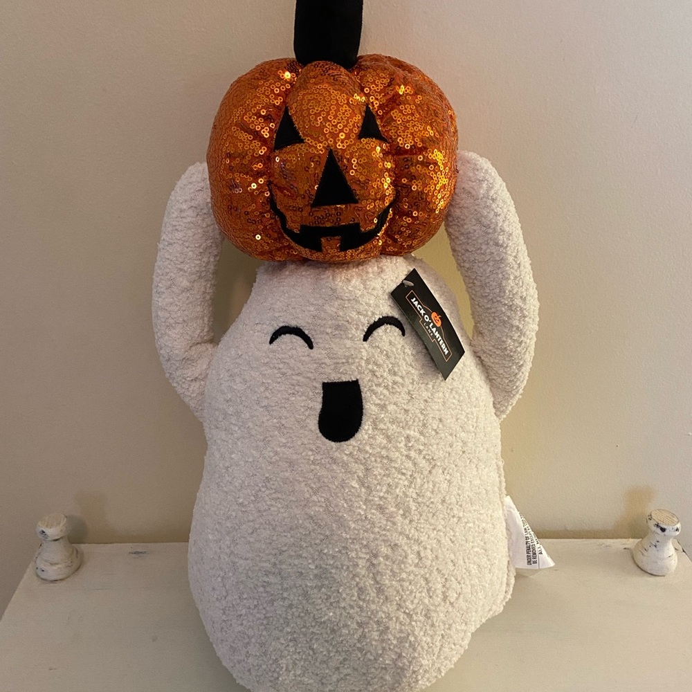 White Ghost Pillow with Orange Pumpkin by